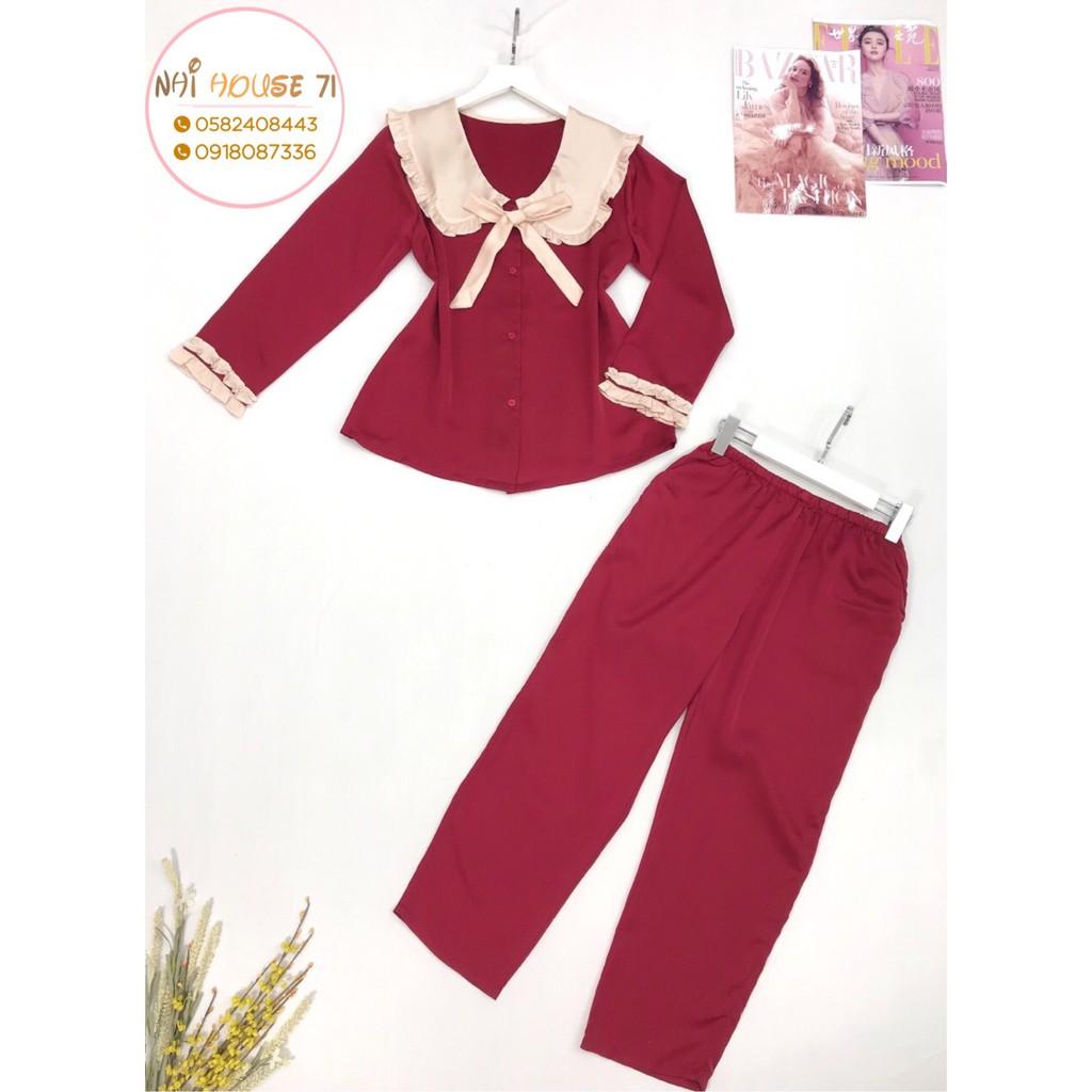 Bộ lụa Pijama - Bộ Quần Dài Tay Dài Lụa Satin Tiểu Thư Cổ Phối Bèo Nơ Freesize 45-65kg