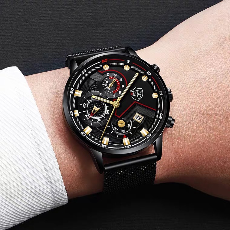 Đồng hồ nam DEYROS thiết kế thể thao dây thép lưới đen chạy lịch ngày cao cấp Sporty Design