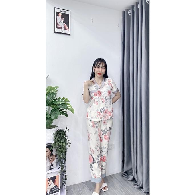 Bộ Pijama Nữ Tay Ngắn, Quần Dài Chất Lụa Nhật Cao Cấp Mềm Mịn, Họa Tiết Thiết Kế Phối Màu sang trọng