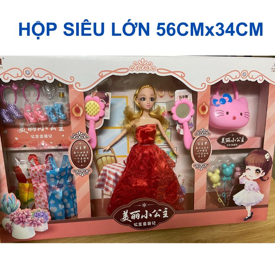 Búp bê công chúa, búp bê barbie hộp siêu lớn 56x34cm gồm 03 váy, 03 giày, trang sức và phụ kiện cho bé gái