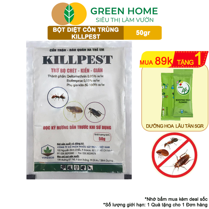 Bột Phấn Kiến KillPest Vipesco, GreenHome, Gói 50gr, Hiệu Quả Cao, Diệt Trừ Bọ Chét, Kiến, Gián