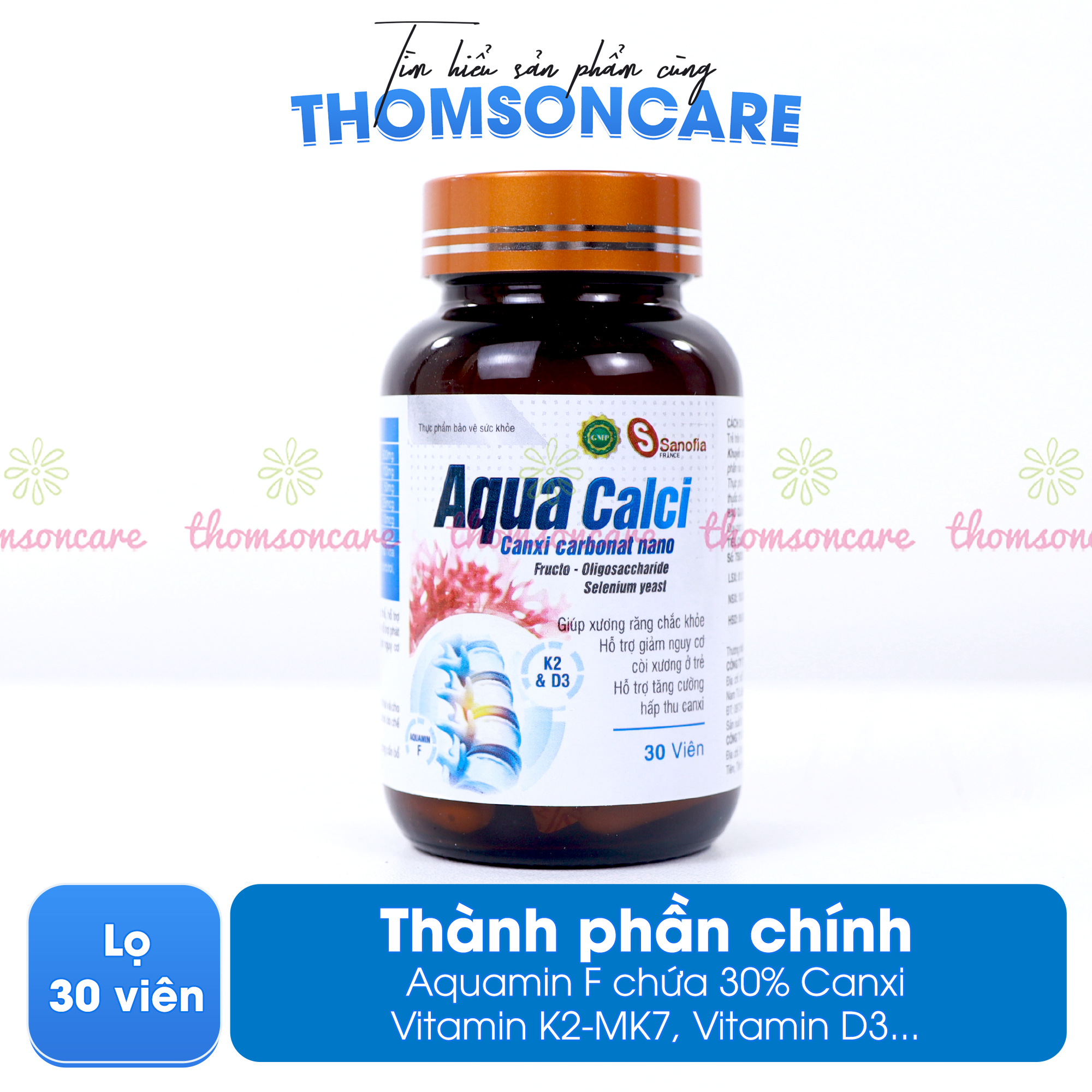 Calci D3 Aqua Canxi Sanofia giúp xương răng chắc khỏe cho bé, giảm nguy cơ loãng xương ở người lớn từ Vitamin d3k2 - Lọ 30 viên