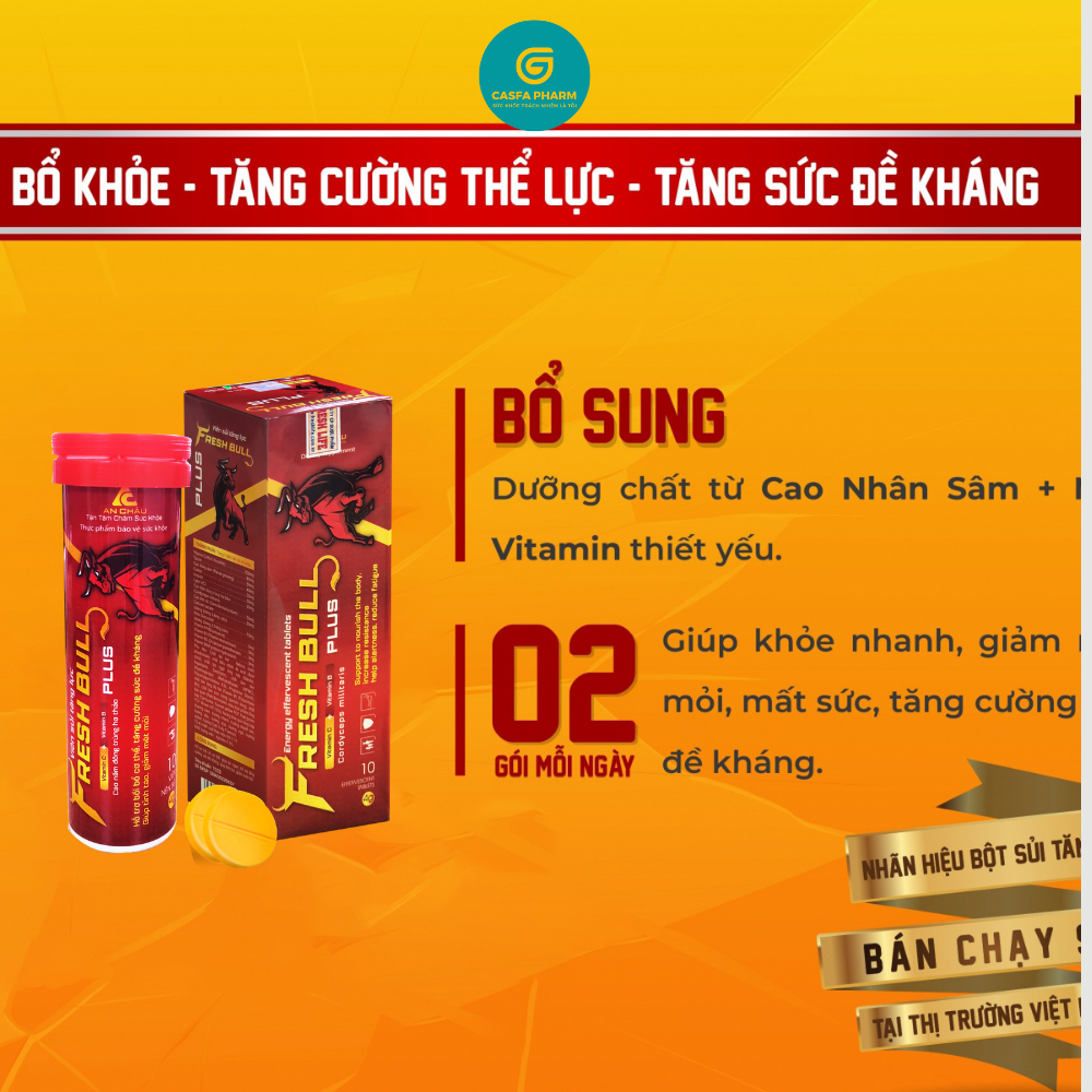Viên sủi tăng lực FRESH BULL PLUS tăng sinh lực, giảm căng thẳng mệt mỏi, hộp 10 viên
