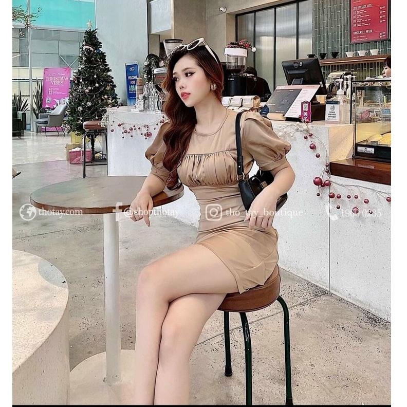 Đầm body xếp ly tay phồng cổ tròn nhún ngực sang chảnh