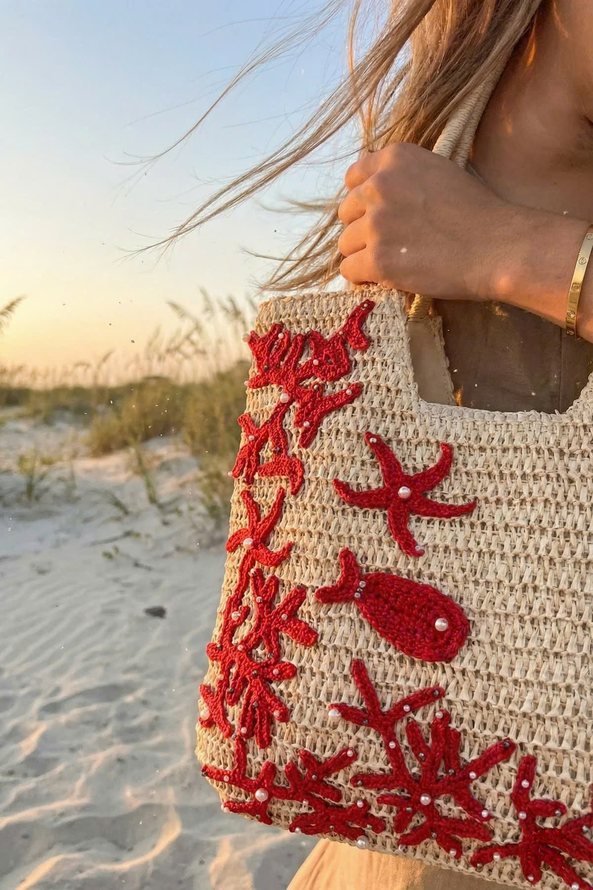 Giỏ Cói Tote Mềm Trang Trí Móc Len thời trang thiết kế Hity Acc018