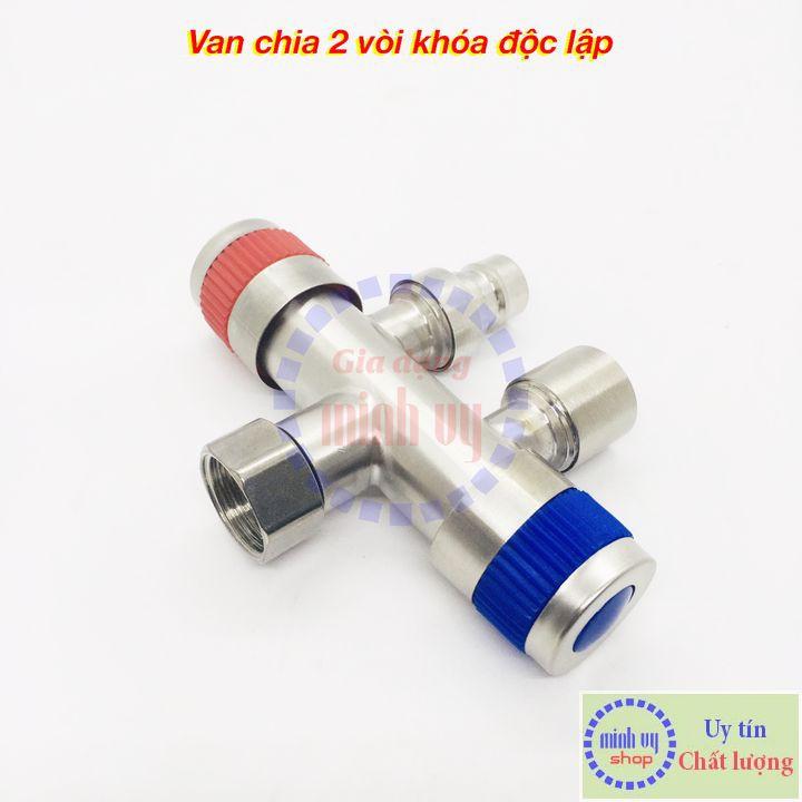 Van Nước 2 cổng xả có điều khiển (xanh-đỏ) riêng biệt dạng vòi chia nước - đầu ra 21mm Inox SUS304