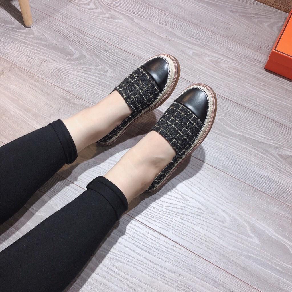 Giày slip on kẻ ô vuông chất xù đế viền cói mép nâu - 2P