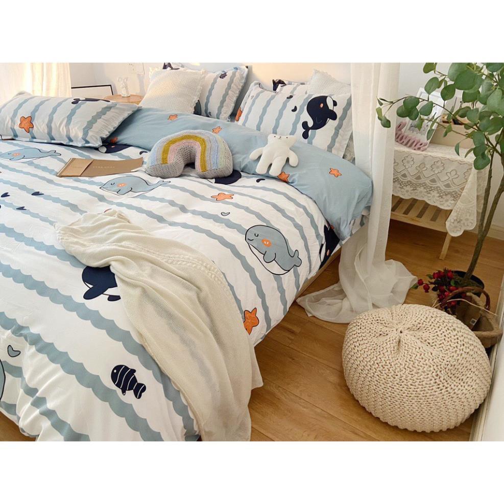Bộ chăn ga gối , coton poly họa tiết Cá heo, Chăn ga đủ size miễn phí bo chun