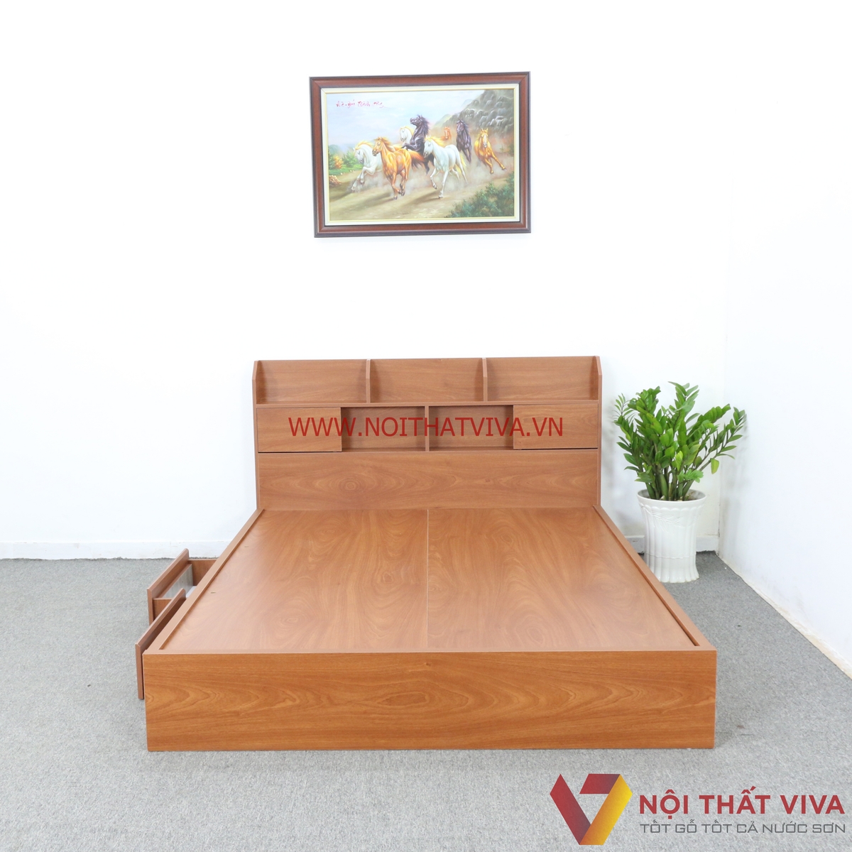 Giường Ngủ Hộp Gỗ MDF Melamine 1m6x2m Ngăn Kéo Xoan Đào