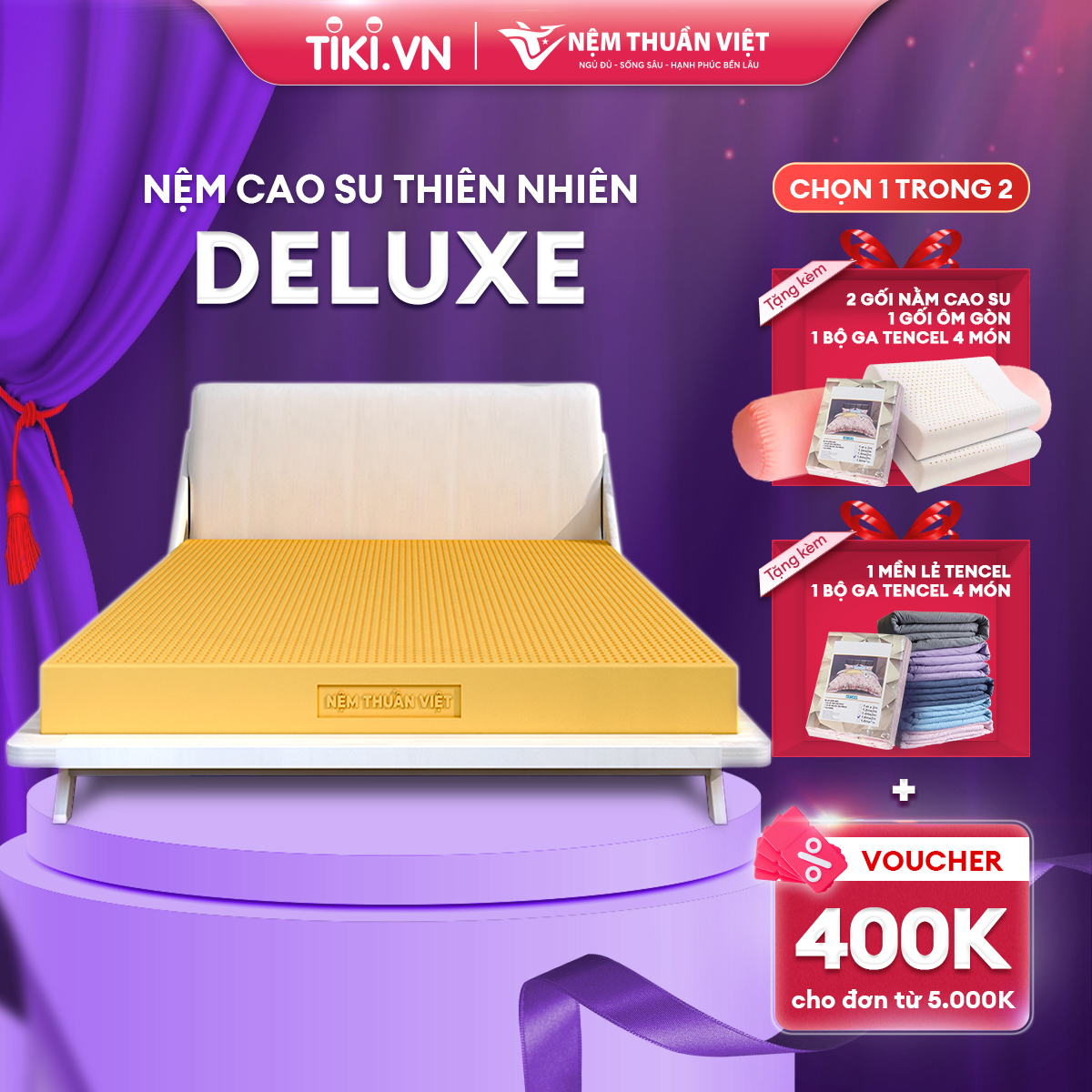 Nệm Cao Su Thuần Việt Deluxe 100% Cao Su Thiên Nhiên, Bền Bỉ, Thoáng Mát, Êm Ái