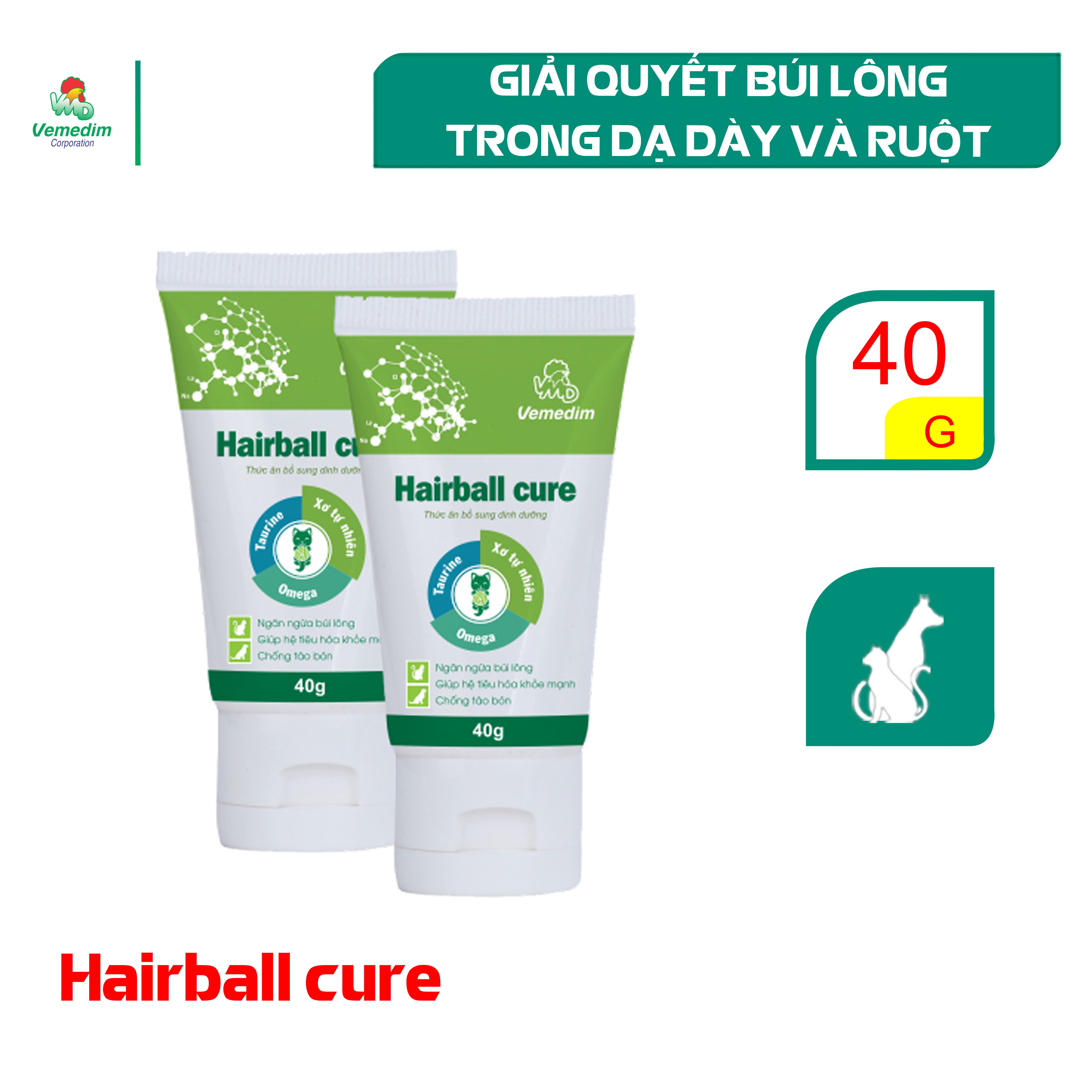 Vemedim Hairball cure cung cấp chất xơ và chất béo tự nhiên ngăn ngừa búi lông trong dạ dày, táo bón, nôn mửa cho chó, mèo tuýp 40g