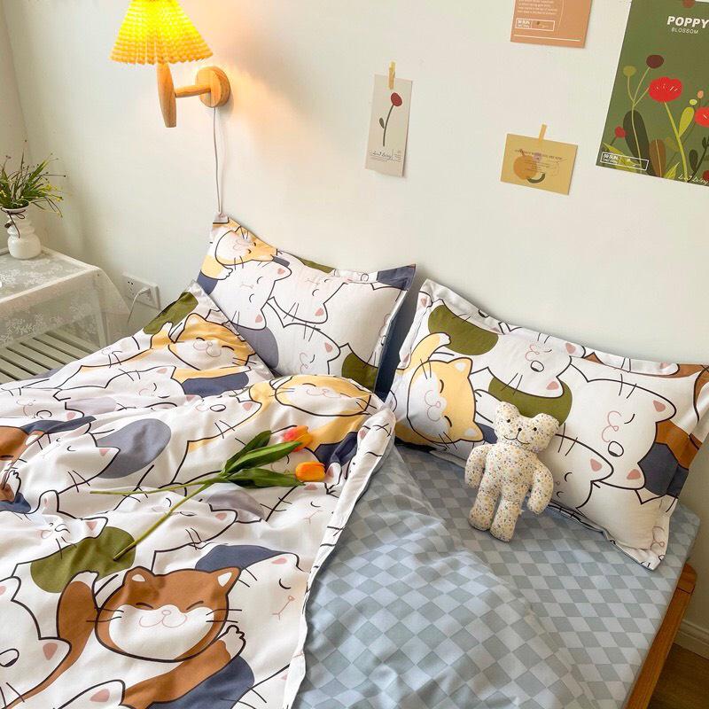 Bộ chăn ga gối Cotton poly M2T bedding vỏ chăn mền, drap ga giường và 2 vỏ gối nằm họa tiết mèo nhí nhố