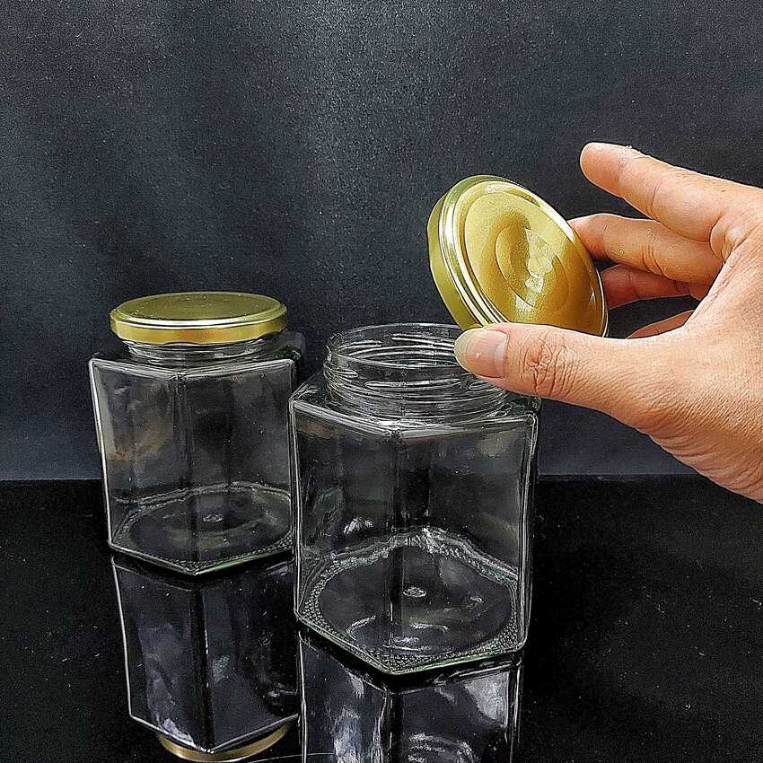 Hũ Thủy Tinh Lớn 730ML mẫu Lục Giác nắp thiếc vàng – Hũ Gia Vị Thủy Tinh