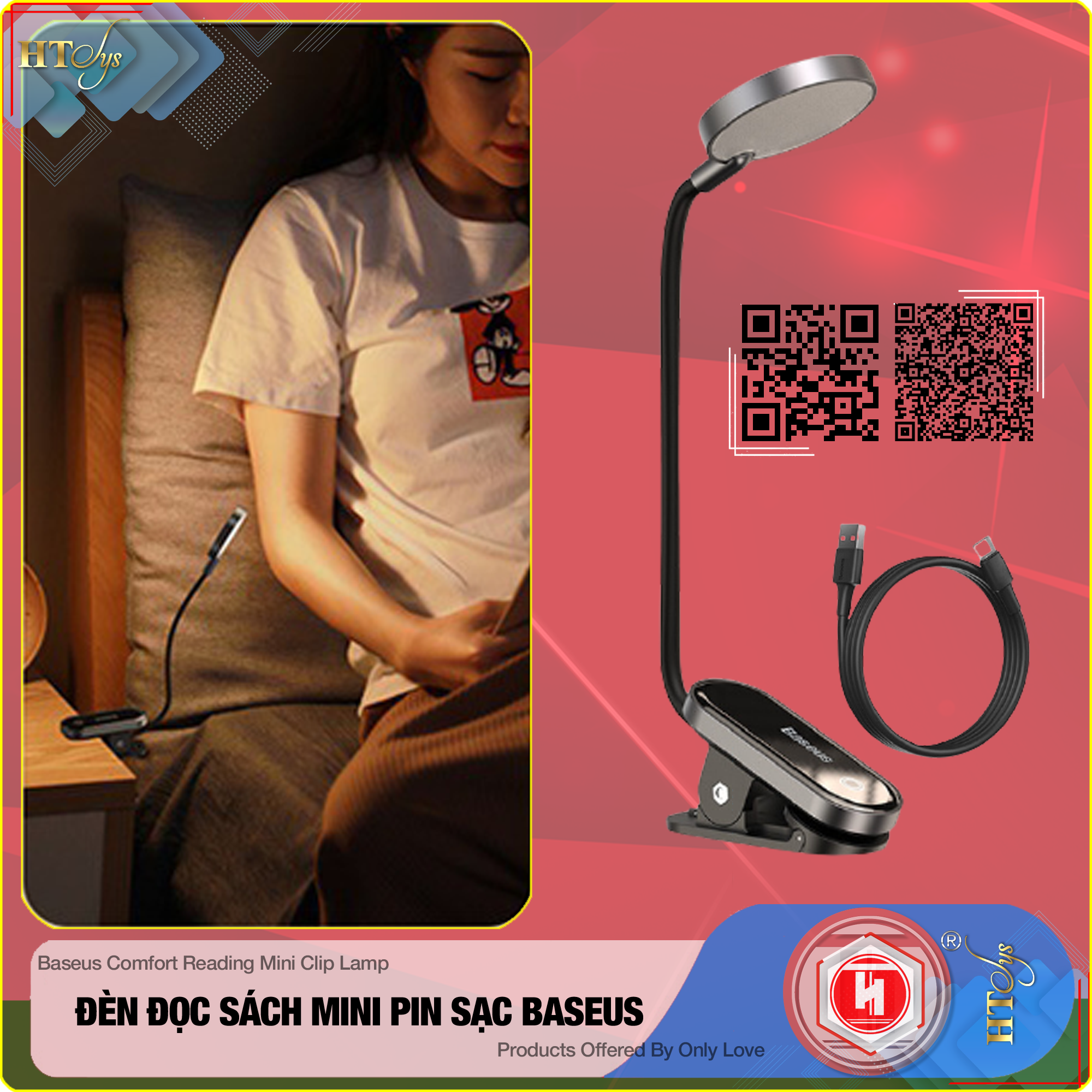 Đèn đọc sách mini Baseus Comfort Reading Mini Clip Lamp - Pin sạc 350mAh - Chân đế kẹp - 03 Cường độ sáng - 24H sử dụng - Hàng Nhập Khẩu