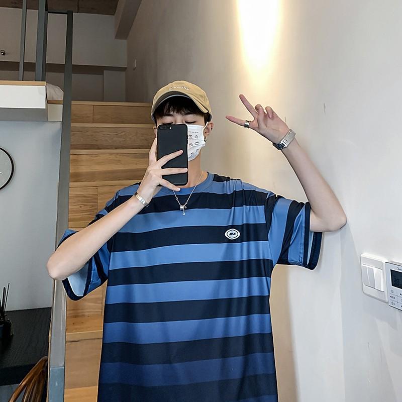 Áo Thun Nam Tay Ngắn Dáng Rộng Họa Tiết Sọc Ngang Thời Trang