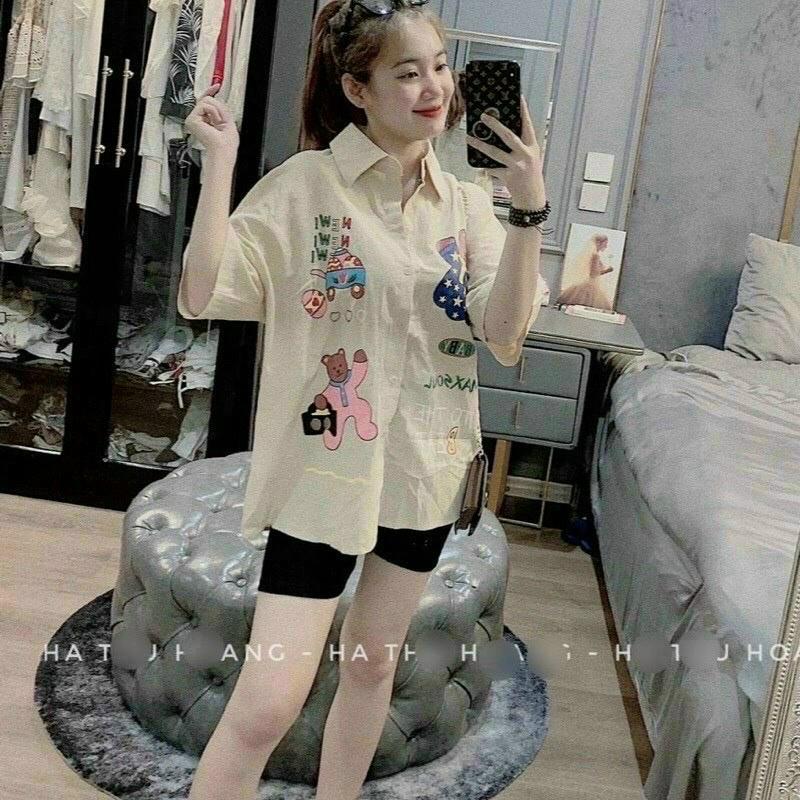 Sét bộ nữ áo áo sơ mi ngắn tay in họa tiết dễ thương mix quần lửng ngố ôm body xinh xắn thời trang nữ dạo phố