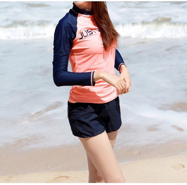 Đồ bơi nữ Bikini 2 mảnh dài tay quần đùi chất liệu thun lạnh co dãn 4 chiều đi biển Hàn Quốc  QC010 - Set hồng