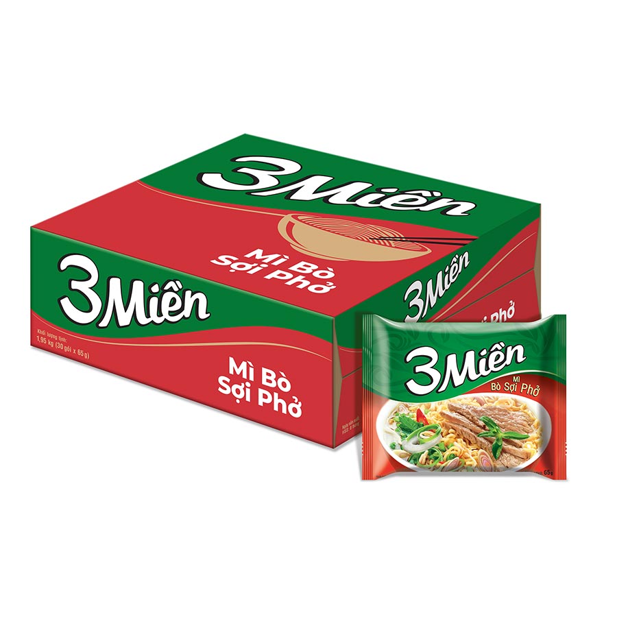 Thùng 30 Gói Mì 3 Miền Bò Sợi Phở 65g