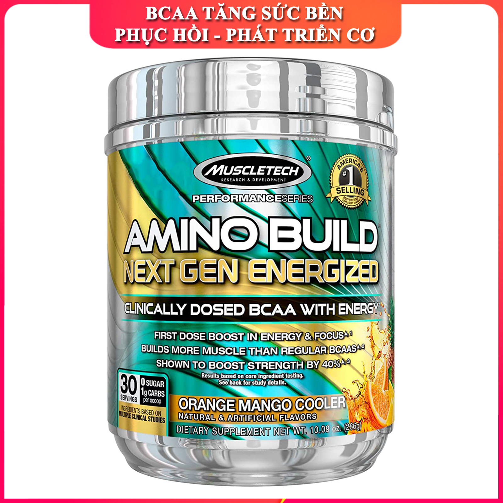 BCAA Amino Build Next gen hương Orange Mango Cooler (Cam Xoài) của Muscle Tech hộp 30 lần dùng hỗ trợ phục hồi cơ, chống dị hóa cơ, tăng sức bền sức mạnh vượt trội, đốt mỡ, giảm cân, giảm mỡ bụng mạnh mẽ cho người tập thể thao