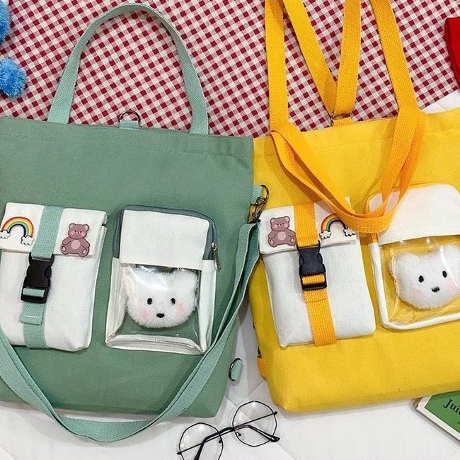 Túi đeo chéo SAM CLO bag canvas thời trang Hàn Quốc ULZZANG kèm phụ kiện, đựng sách, đi chơi, đi học GẤU BÔNG MỘT KHÓA