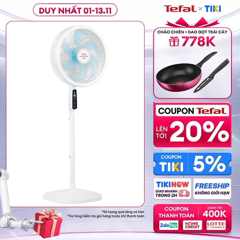 Quạt đứng có điều khiển từ xa Tefal Turbo Silence Plus VH689990 màu trắng cánh xanh - Hàng chính hãng