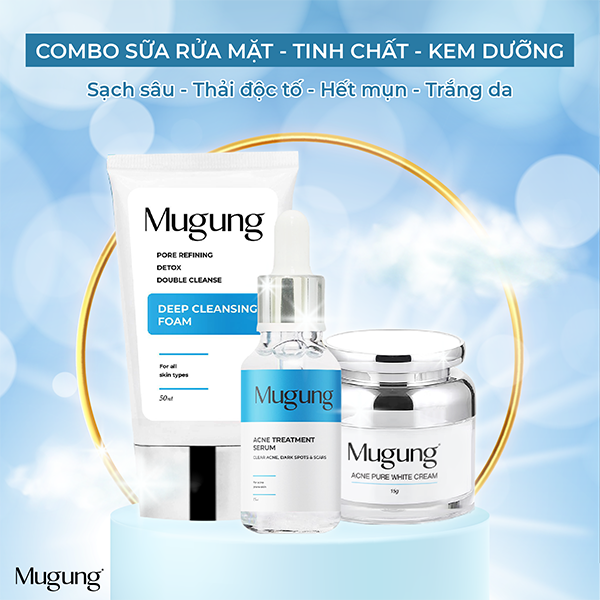 Bộ 3 chăm sóc da mụn Mugung Serum Acne Treatment, Kem dưỡng da phục hồi và sữa rửa mặt không bong da bí quyết sạch bay mụn thâm,mụn bọc,mụn trứng cá, dành cho mọi loại da 15ml và 15gram