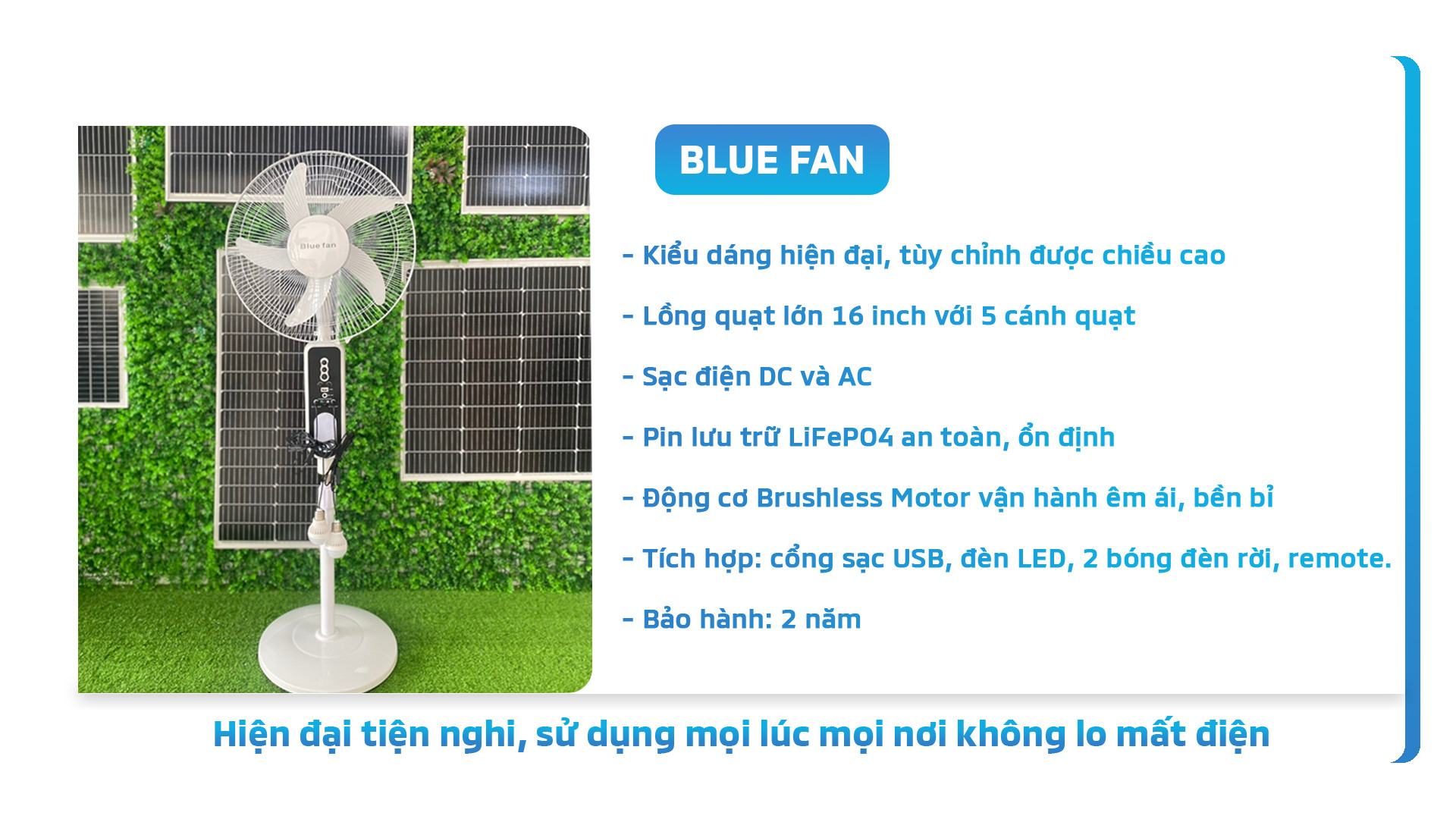 Quạt Năng Lượng Mặt Trời 20W Blue Fan, Quạt Có Điều Khiển Từ Xa, Đèn Thông Minh, Cổng Sạc USB | Phúc Thịnh Solar