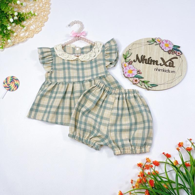 Set Bộ Caro Xám Bé Gái 4kg Đến 17kg Chất Đũi Sợi Siêu Mát