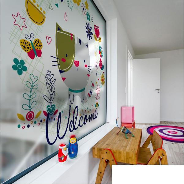 Decal dán kính cao cấp - Mèo ú sắc màu đáng yêu