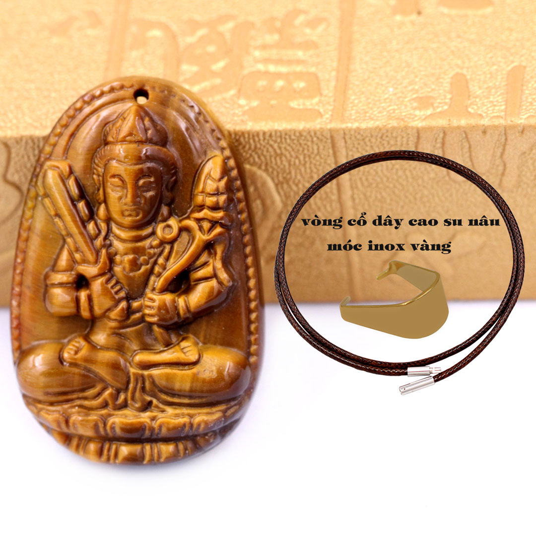 Mặt Phật Hư không tạng đá mắt hổ kèm móc và vòng cổ dây cao su nâu, Mặt Phật bản mệnh