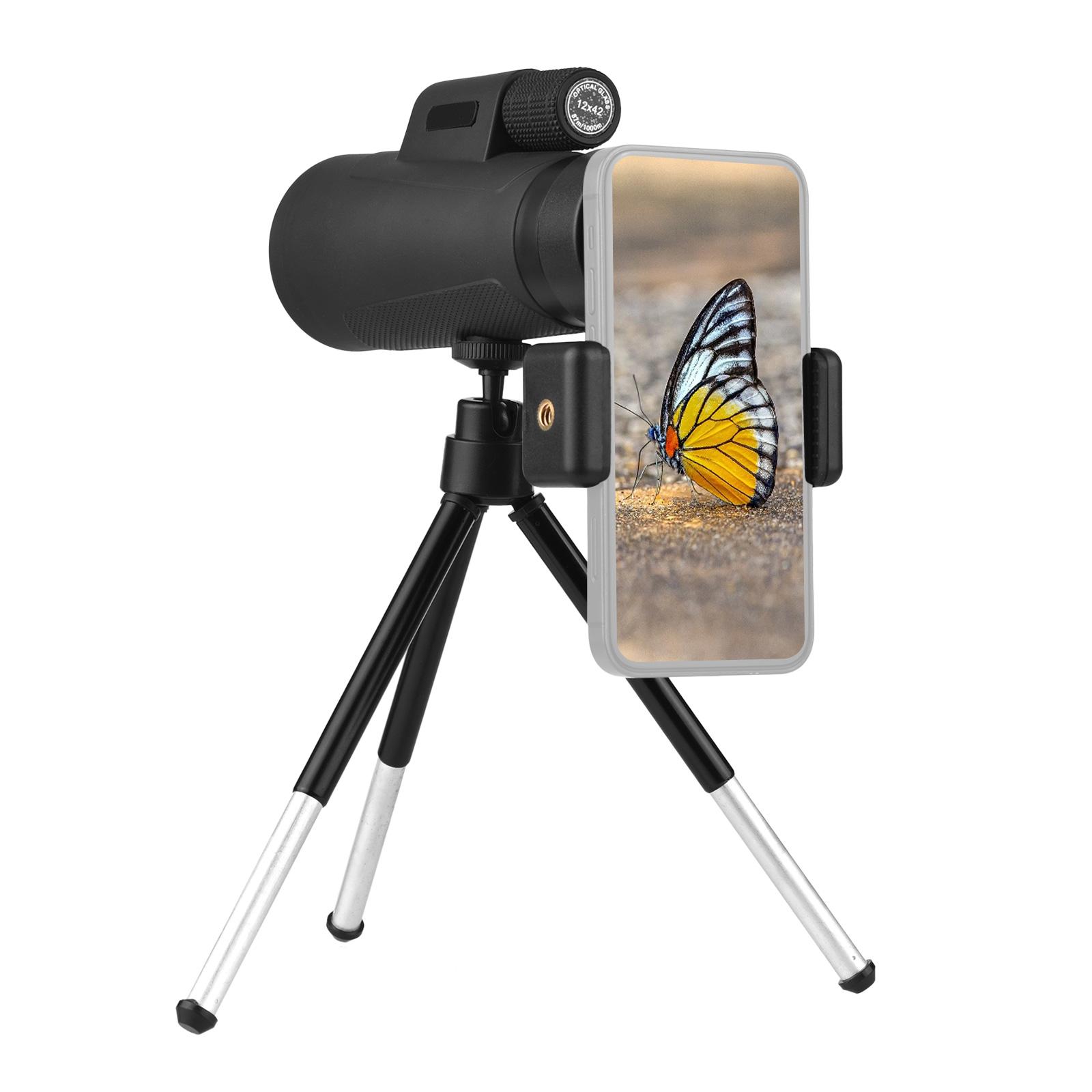 12X42 HD Monocular Telescope Optical Lens Waterproof Fogproof with Adjustable Mini Tripod Universal Phone Holder