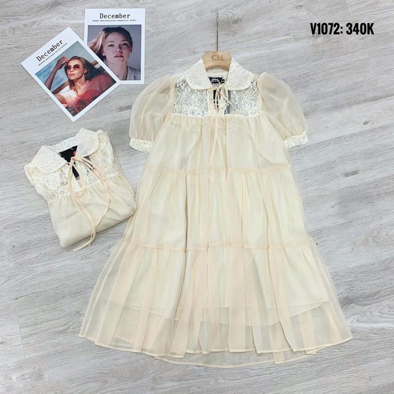 Váy suông cổ buộc nơ phối ren dáng babydoll tầng, đầm xuông rộng freesize tay bo phồng mã v247 - Michi's House