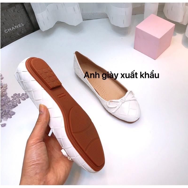 GB43 - Giày bệt , giày búp bê mũi tròn da lì đan nơ nhí cực mềm êm, đế cao su dẻo 3 màu đen , kem, trắng đi học ,đi chơi