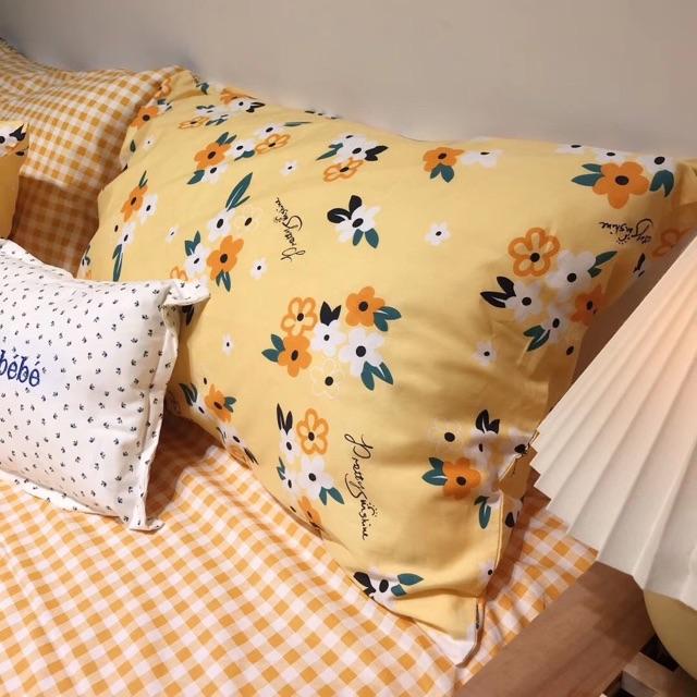 Set Ga Gối Hàng Nhập Khẩu Nguyên Set 4 Món Cao Cấp Màu Vintage Hoa Nhí Vàng