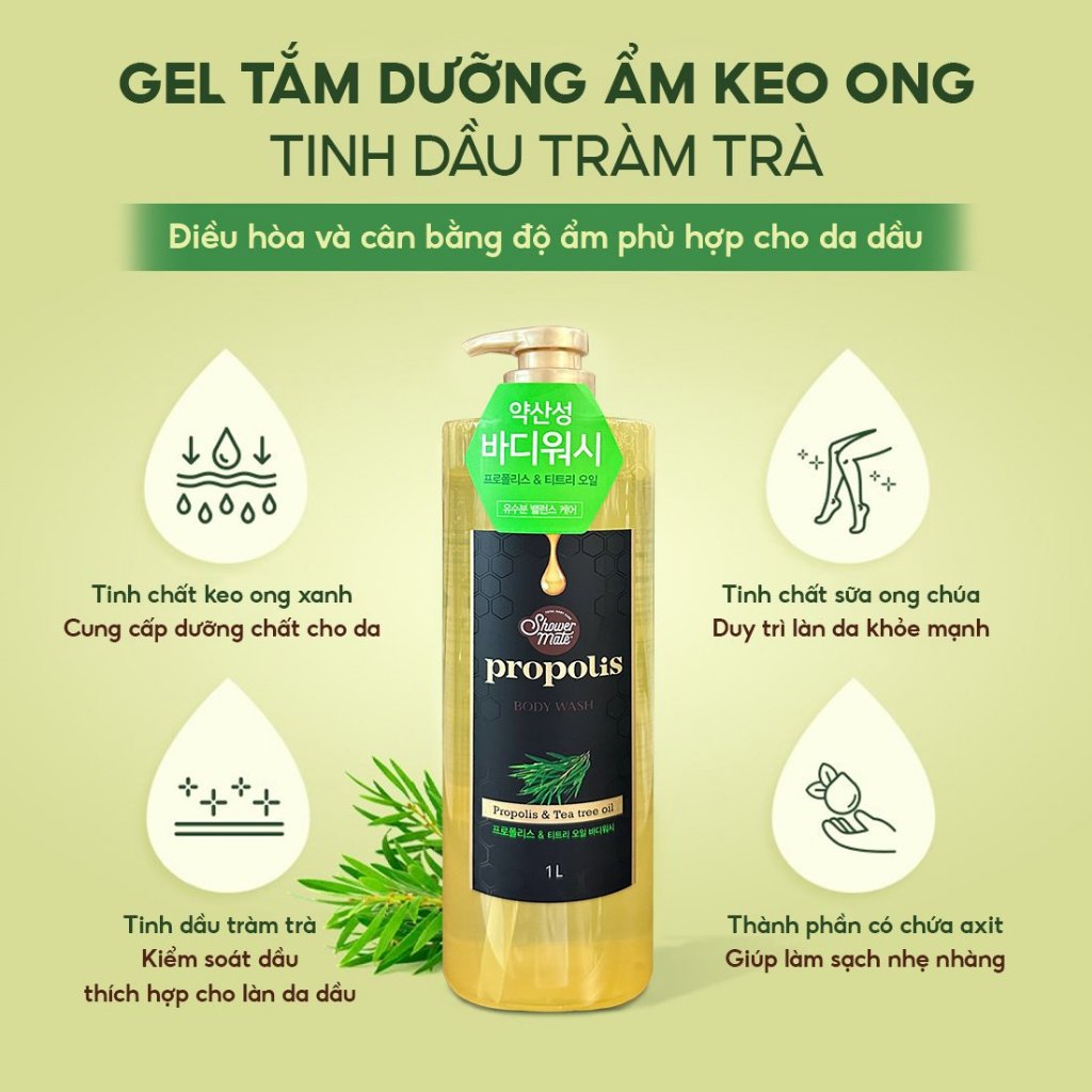 Sữa tắm keo ong sạch sâu, cân bằng độ ẩm, dưỡng da mềm mịn AEkyung showermate Honeyrop Propolis 1000ml