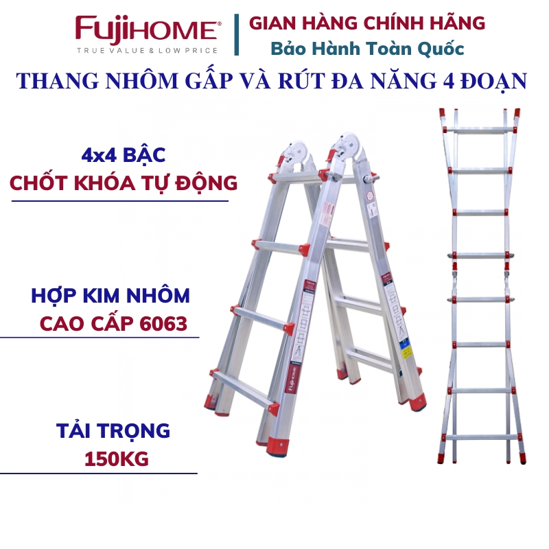 Thang nhôm FUJIHOME ML44 gấp và rút đa năng 4 đoạn, Cao tối đa 4m, Xếp nhiều hình dáng