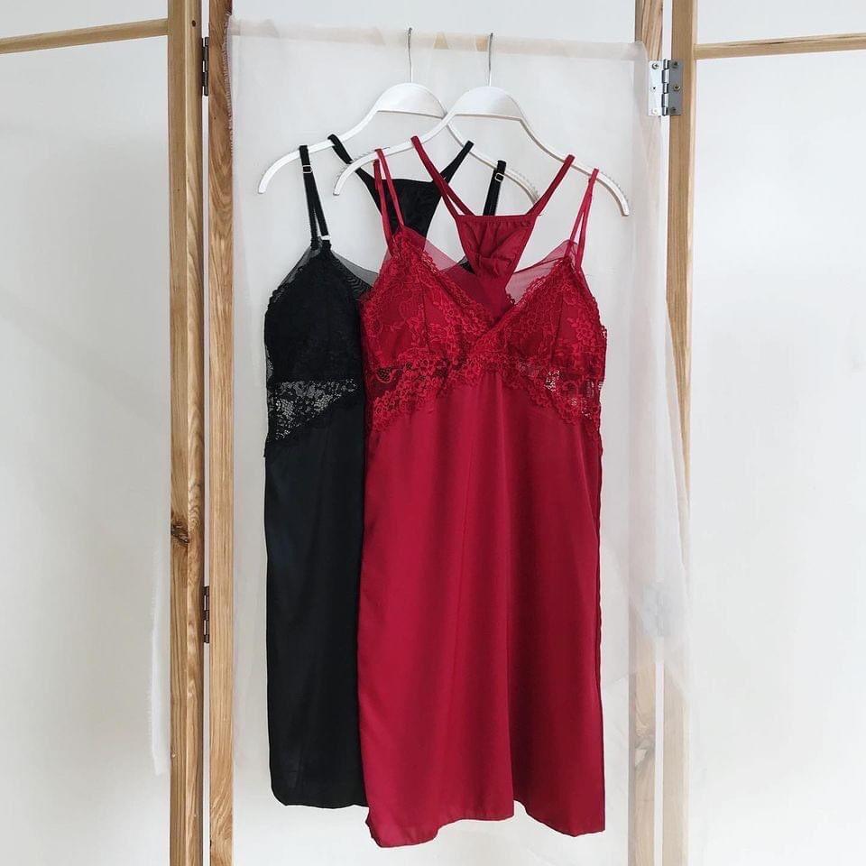 Đầm ngủ màu đỏ đô hai dây ren ngực gợi cảm (có mút ngực