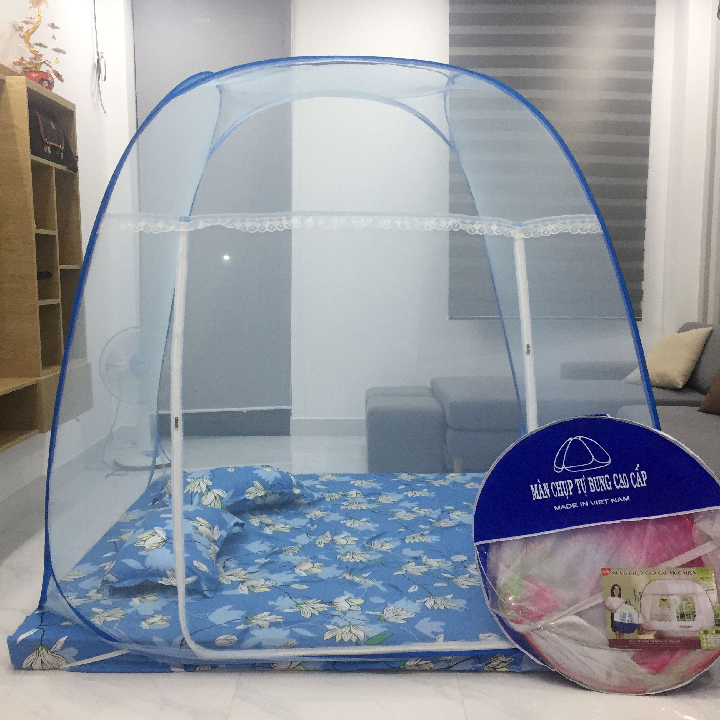 Mùng chụp chống muỗi tự bung xếp gọn đỉnh rộng MỘC MIÊN -Màn chụp xếp gọn  [Tặng Cặp vỏ Gối