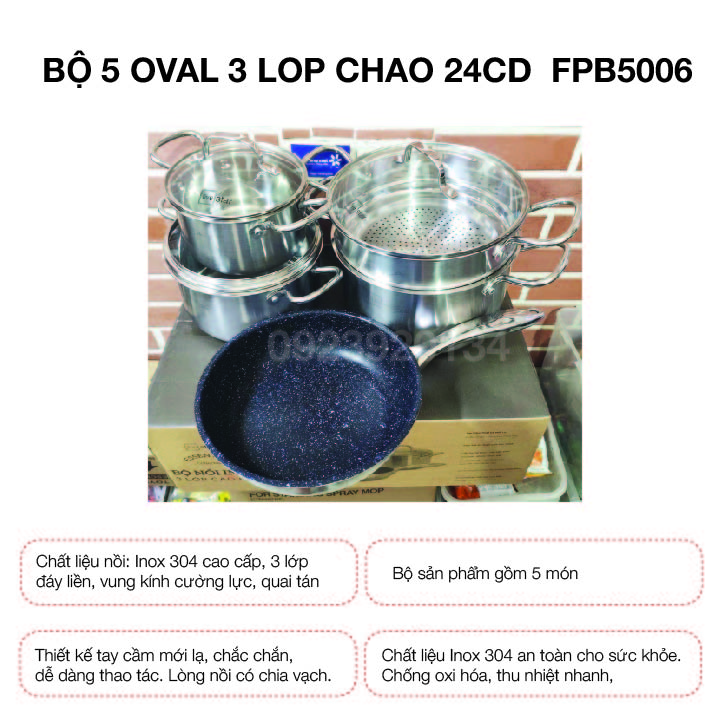 Bộ 5 Nồi OVAL 3 LOP CHAO 24CD  FPB5006
