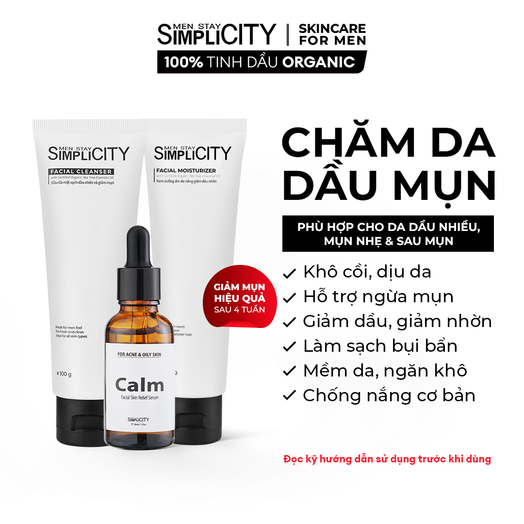 Bộ sản phẩm Men Stay Simplicity chăm sóc da dầu mụn cho nam Acne Relief Skincare Trio: Sữa rửa mặt 100g x Serum 30ml x Kem dưỡng ẩm 80g