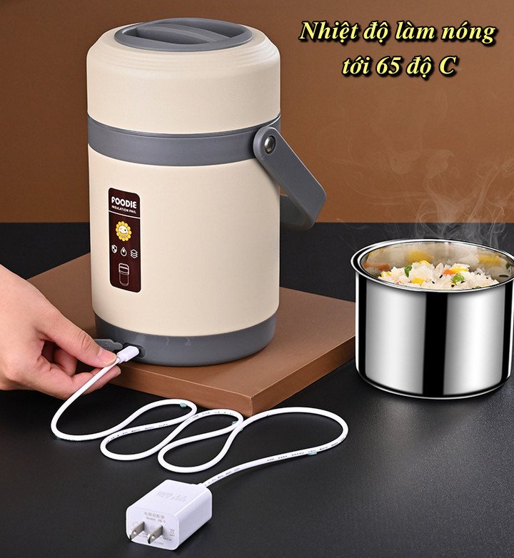 Hộp cơm văn phòng FOODIE SMART inox giữ nhiệt hâm nóng và tự nấu chín thức ăn, Cà Men Đựng Cơm Đi Làm - Home and Garden