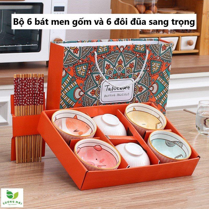 Bộ 6 bát ăn bằng gốm và 6 đôi đũa bằng gỗ