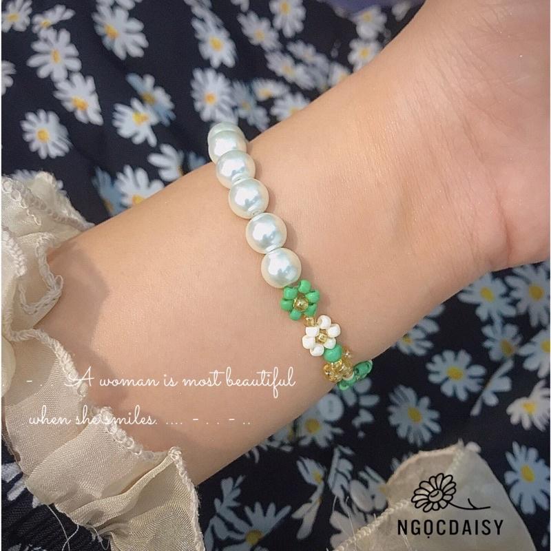 N109 bộ vòng tay , dây chuyền handmade hạt cườm hoa Daisy xanh lá trắng trà xinh xắn