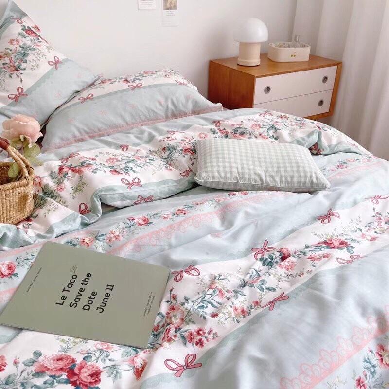 Set Cotton LiVing100%cotton Nhập Khẩu Cao Cấp Mẫu Mới về 4 Món Hoa nhí Xanh Vintage
