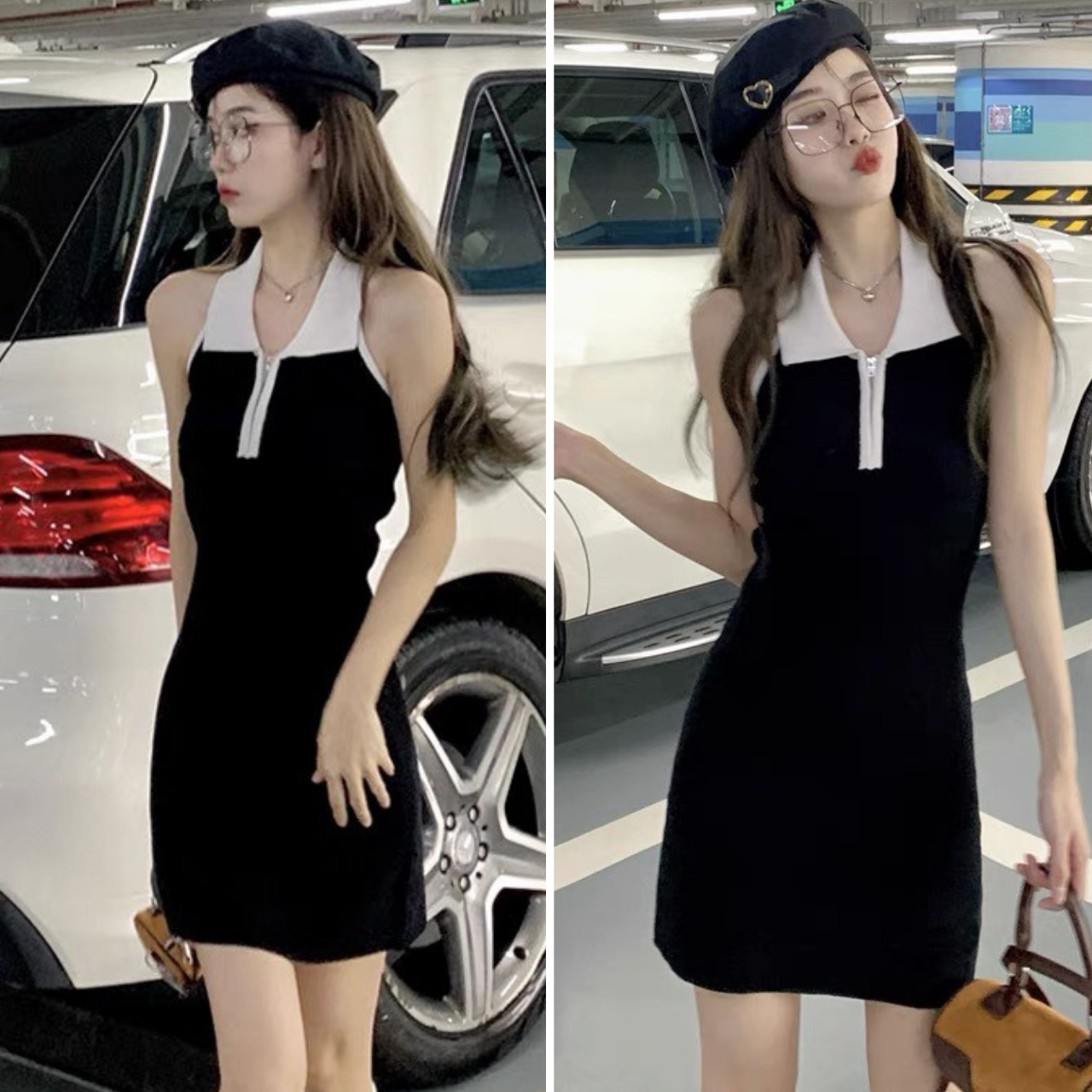 Đầm body cổ yếm hở lưng dáng ngắn trên gối sexy quyến rũ màu đen mặc đi tiệc đi chơi phong cách Hàn quốc