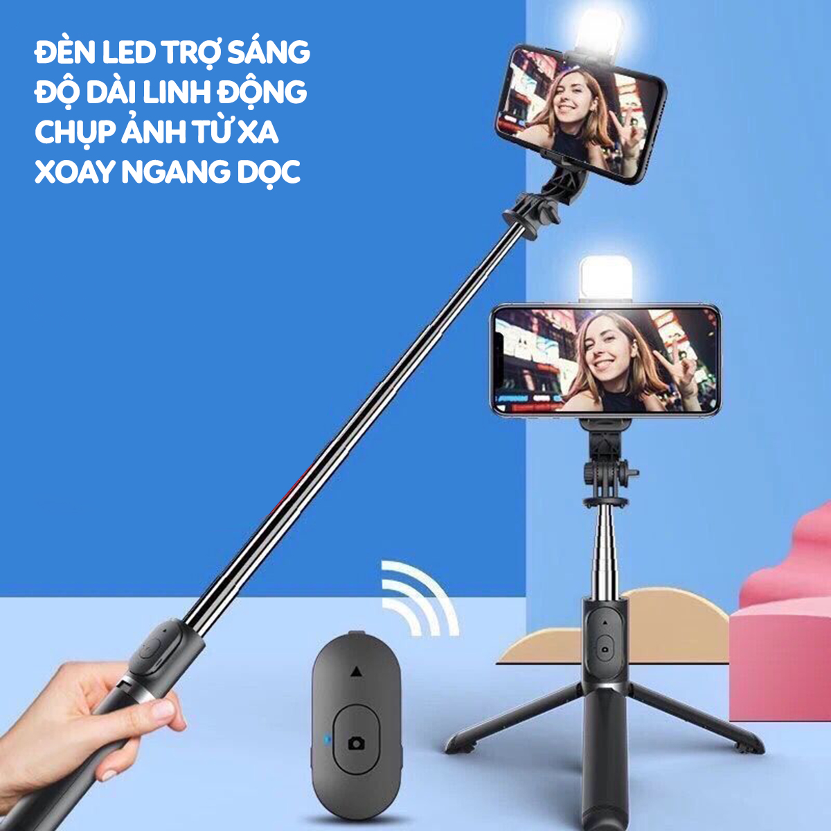 Gậy chụp ảnh 3 chân có đèn led trợ sáng Gậy tự sướng selfie chụp hình bluetooth điều khiển từ xa xoay nhiều góc độ