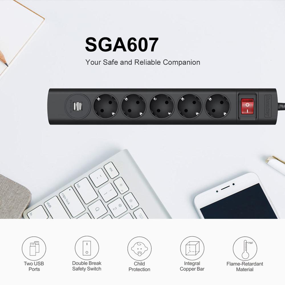 Ổ cắm điện Huntkey SGA607 AC 2 cổng USB Chất liệu chống cháy Double Break Công tắc an toàn Châu Âu 