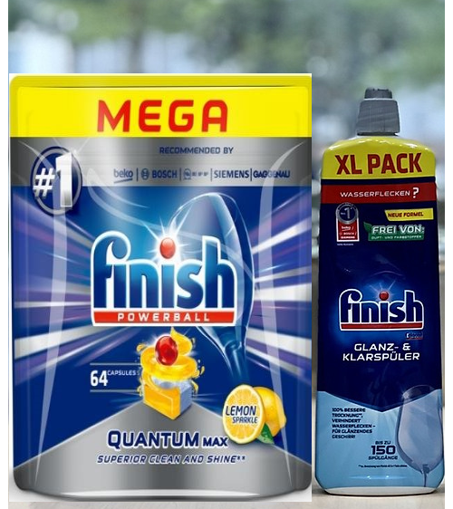 Combo Viên rửa bát Finish quantum 64 viên + Nước làm Bóng finish 750ml