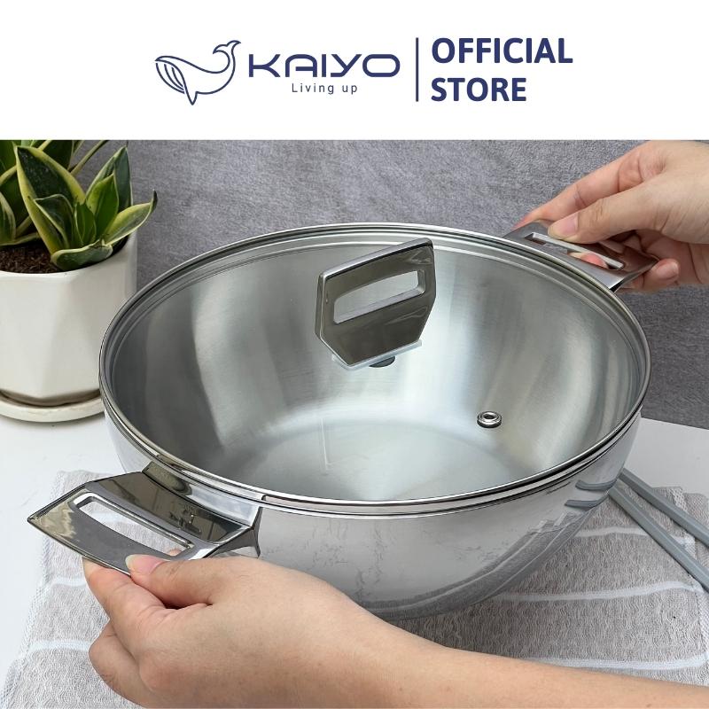 Chảo lẩu inox Kaiyo, thân đáy liền 3 lớp, nắp kính, 2 quai cầm, size 24cm