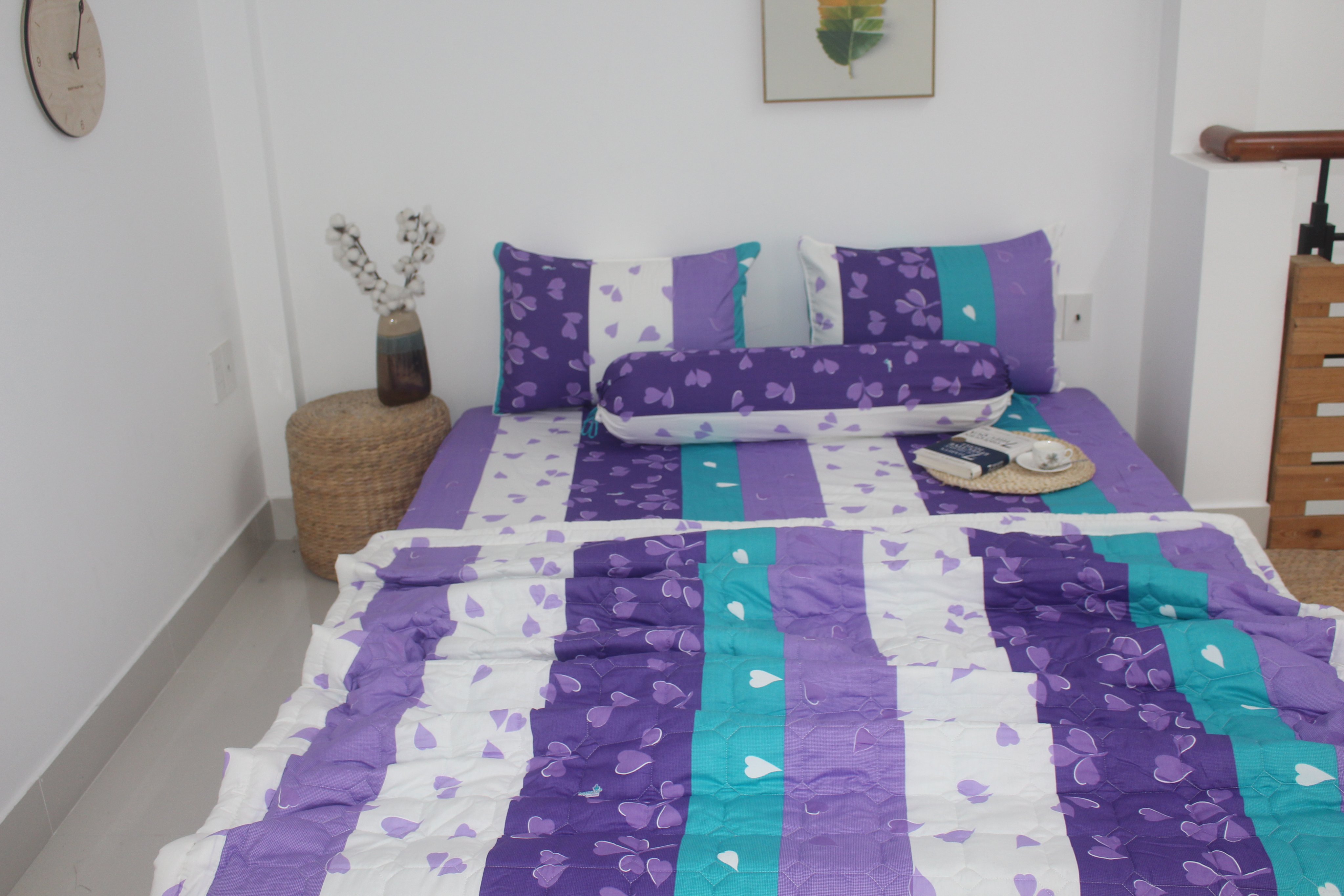 Bộ Drap Gối Cotton -Mẫu TIM TÍM - vải dày dặn, mát mẻ, siêu thấm mồ hôi